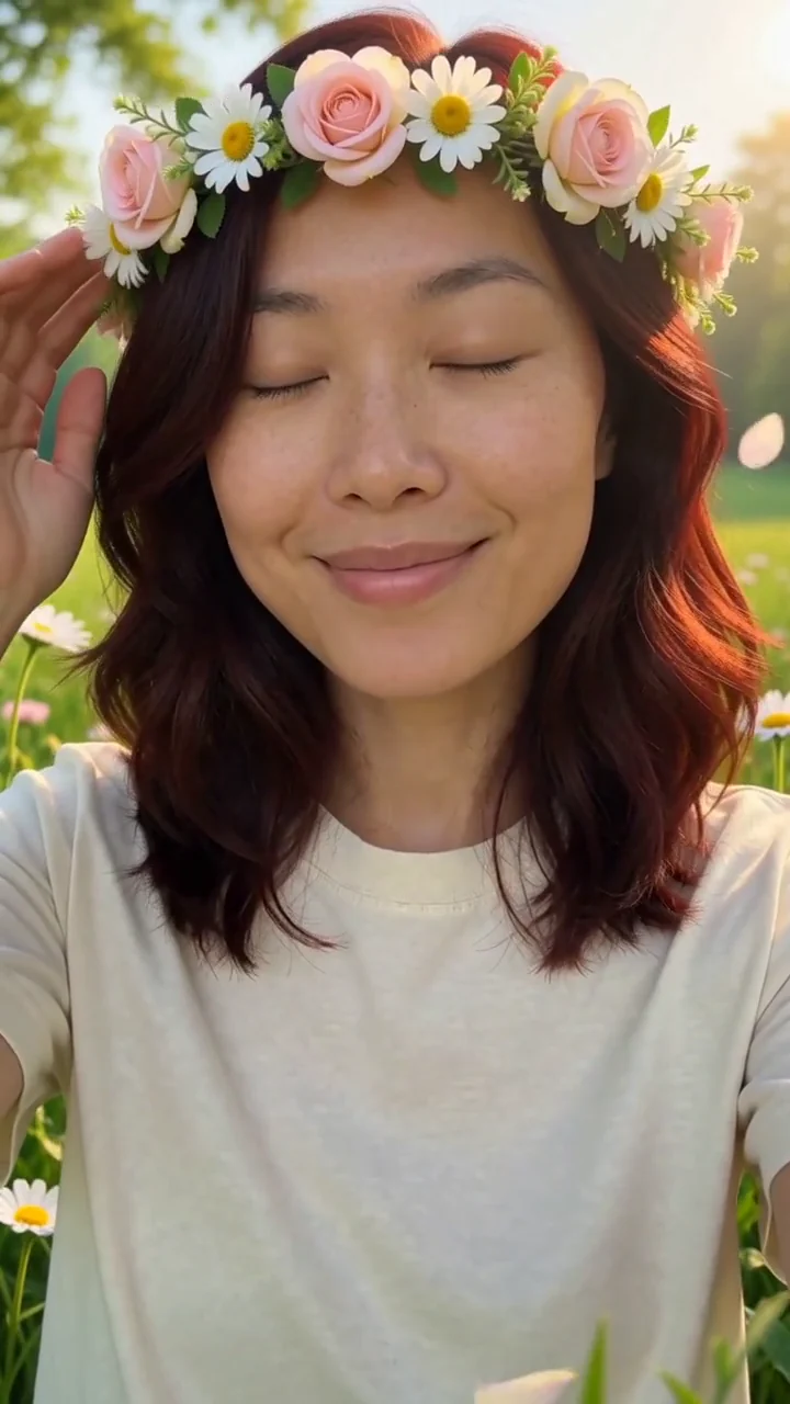 AI generated fictional adult woman wearing a crown of pastel roses and daisies in a spring meadow