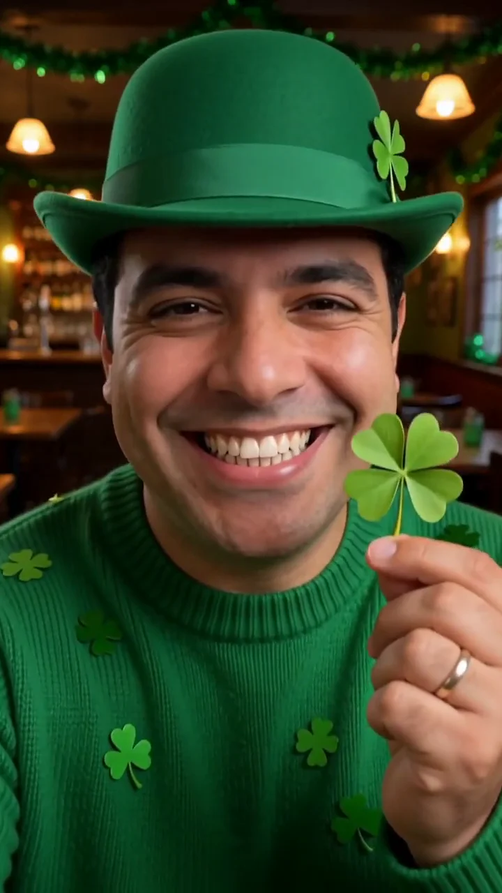 AI generated fictional adult man in a green hat and emerald sweater holding a clover amid shamrock confetti