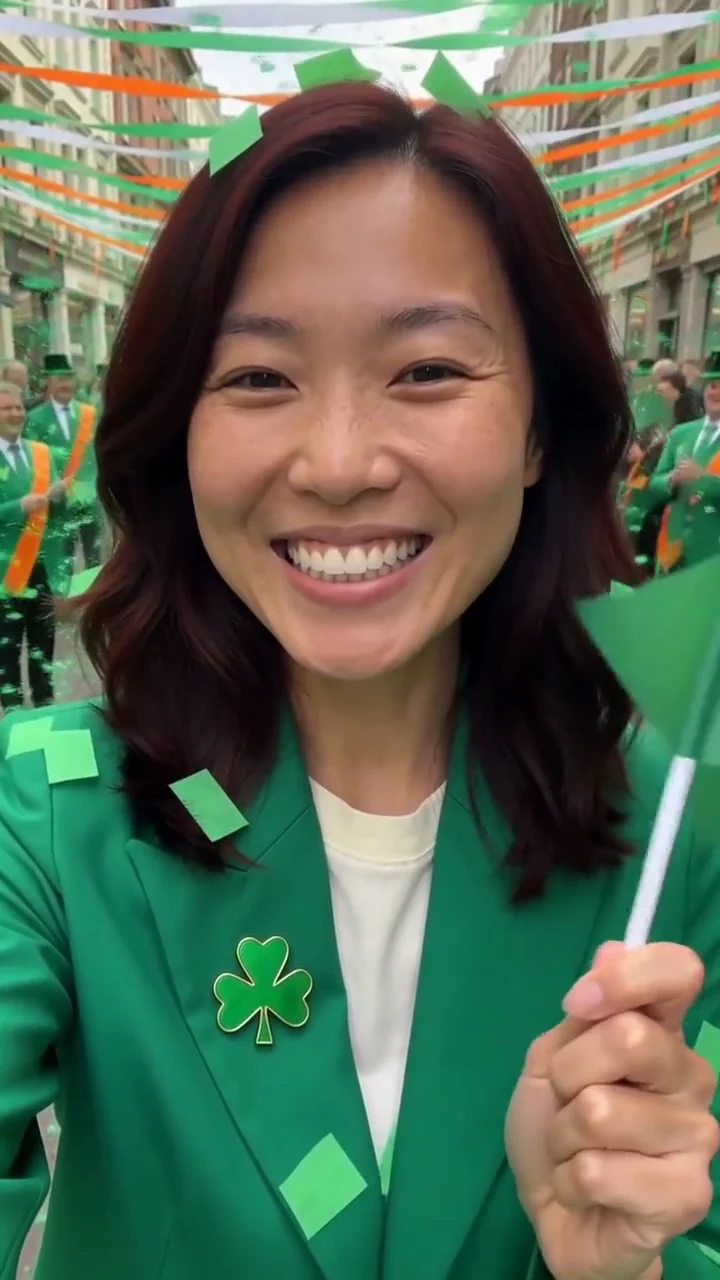 AI generated fictional adult woman in a green jacket waving a green flag at a street parade