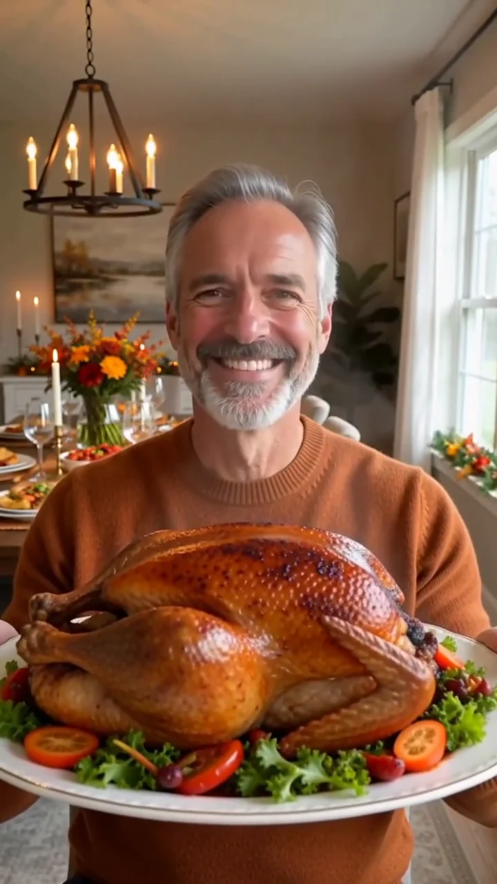 AI generated fictional adult man holding a platter with a golden roast turkey in a festive dining room