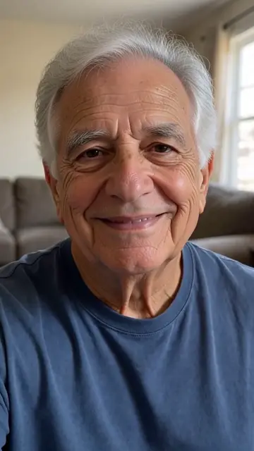 AI generated fictional adult man aged into an elderly version with silver hair and facial wrinkles, wearing the same clothing in the same room