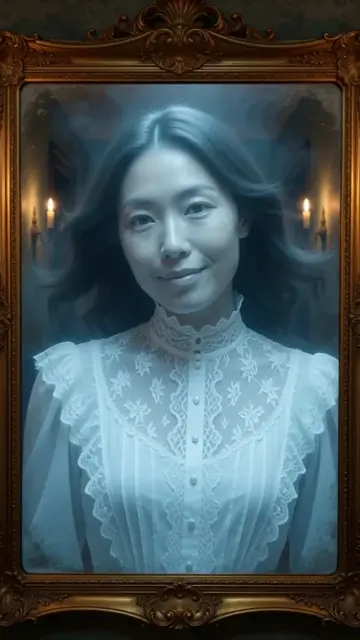 AI generated fictional adult woman as a translucent pale blue ghost in an antique gold mirror, with drifting hair and mist in a candlelit hallway