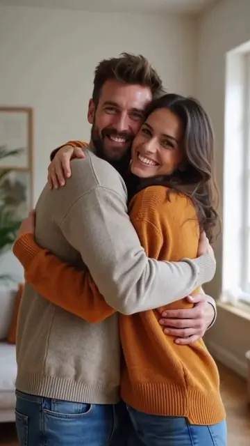 Two AI generated fictional adults, a woman and a man, turning from standing side by side to sharing a friendly hug