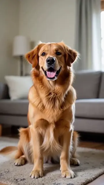 AI generated golden retriever dog with perked ears and a happy open mouth smile in the same room