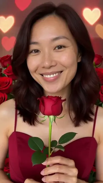 AI generated fictional adult woman in a deep red outfit holding a rose amid falling petals and heart shaped lights