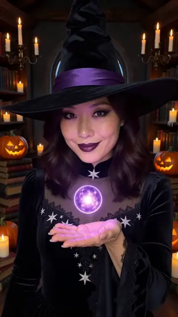AI generated fictional adult woman in a black velvet witch outfit and pointed hat, holding a glowing violet orb in a candlelit library