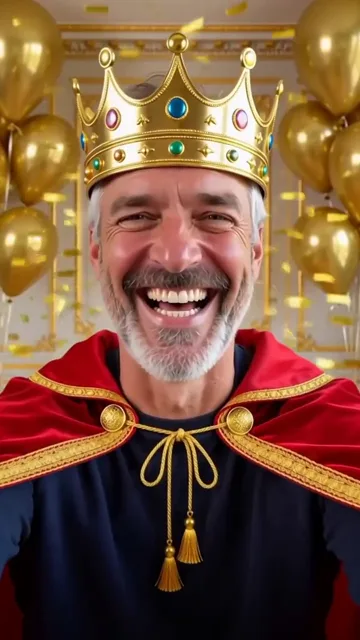 AI generated fictional adult man wearing a gold crown and red velvet cape in a hall of gold balloons