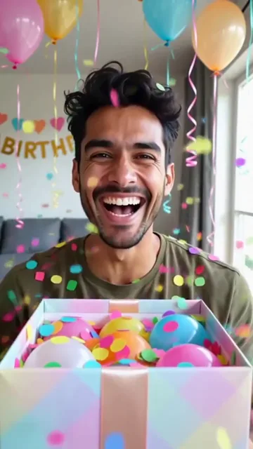 AI generated fictional adult man laughing as confetti bursts from an open pastel gift box