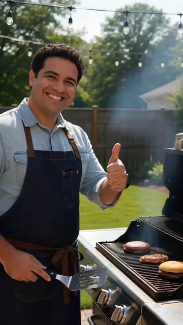 AI generated fictional adult man in a grilling apron beside a backyard barbecue with a spatula