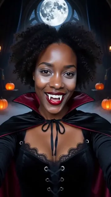 AI generated adult woman in a chest up shot, changing from a yellow T-shirt into a black vampire coat and burgundy cape amid dark mist in a gothic hall