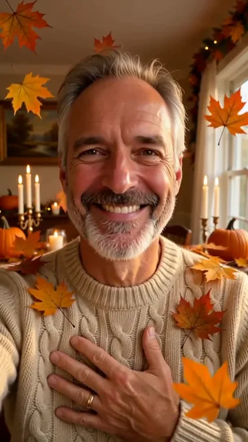 AI generated fictional adult man in a cable knit sweater with a hand on his chest in a candlelit autumn dining room