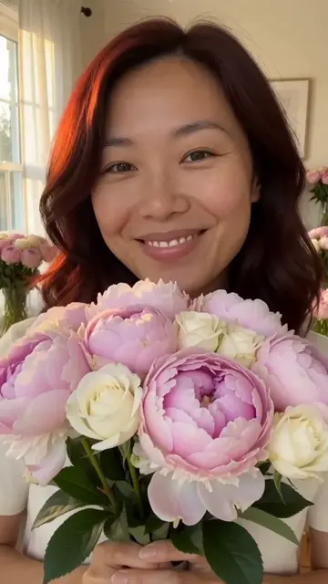 AI generated fictional adult woman holding pink peonies and white roses in a bright flower filled room