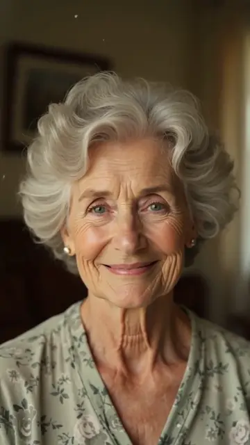AI generated fictional older adult woman in a faded old photograph, gaining soft natural color as she blinks and smiles