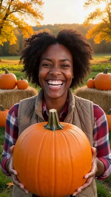 AI generated fictional adult woman in a flannel shirt holding a large pumpkin at a pumpkin patch