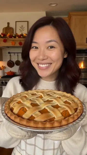 AI generated fictional adult woman wearing a checkered apron and oven mitts while holding a steaming pie in an autumn kitchen