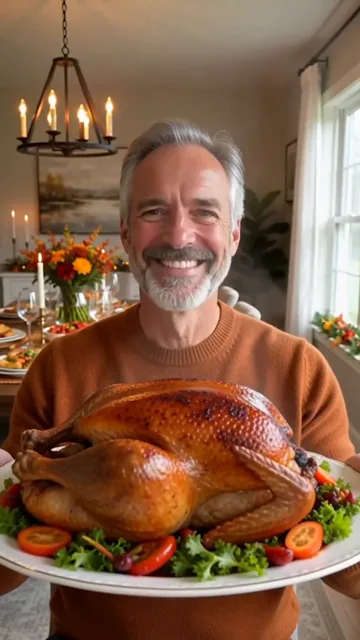 AI generated fictional adult man holding a platter with a golden roast turkey in a festive dining room
