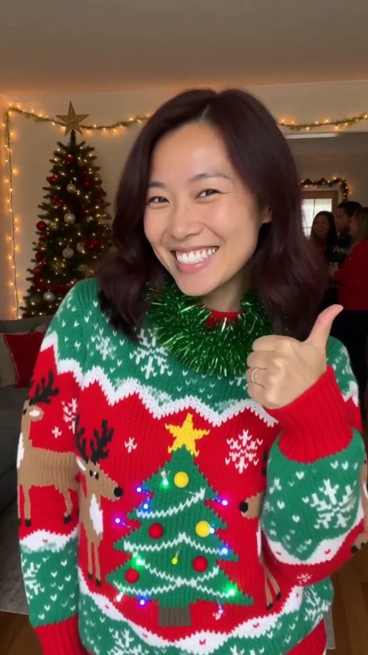 AI generated fictional adult woman showing off a red, green and white Christmas sweater with tinsel in a festive living room