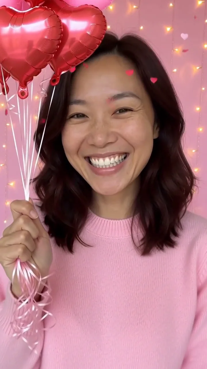 AI generated fictional adult woman in a pink sweater holding red and pink heart shaped balloons against fairy lights