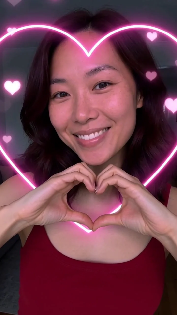 AI generated fictional adult woman making a hand heart inside a glowing pink neon heart