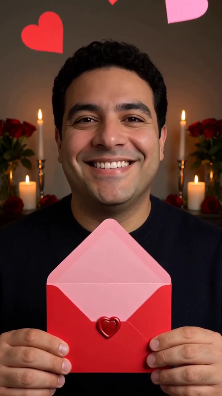 AI generated fictional adult man smiling as red and pink paper hearts fly from an open red envelope